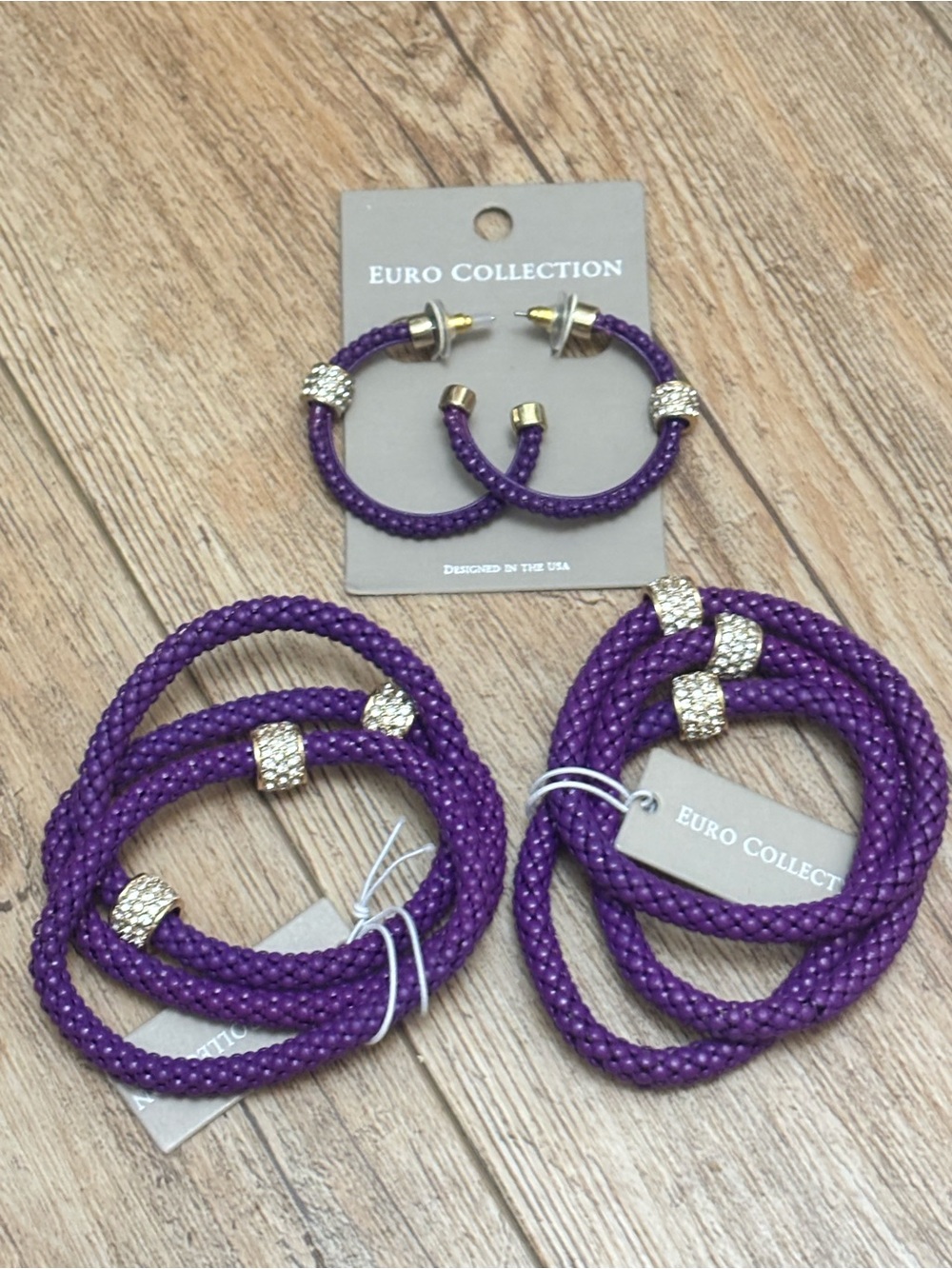 Purple Braided Hoop Earrings and Bracelets Sets with Rhinestone Accents